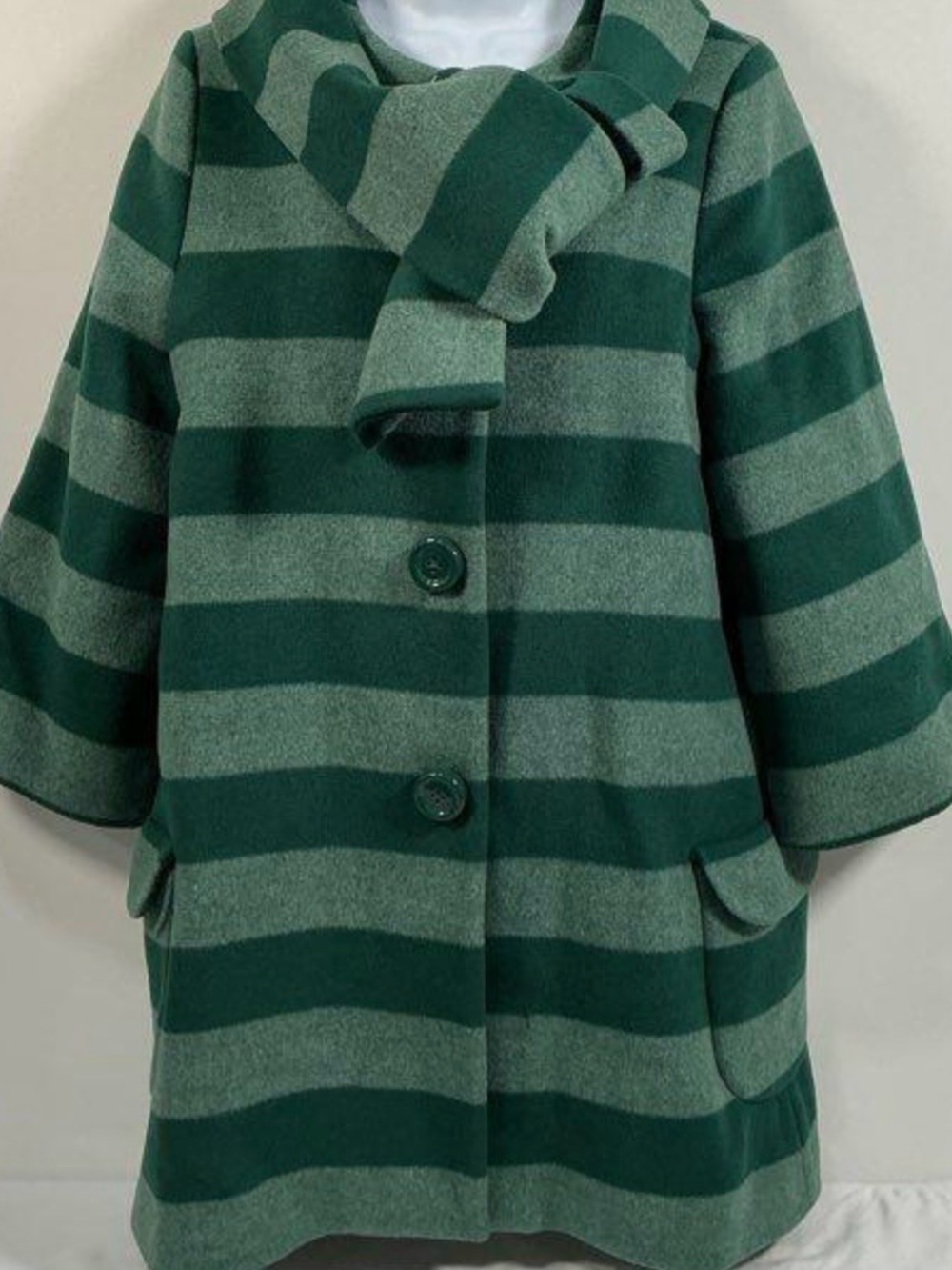 kate spade Green Striped Wool Pea Coat with Scarf Detail